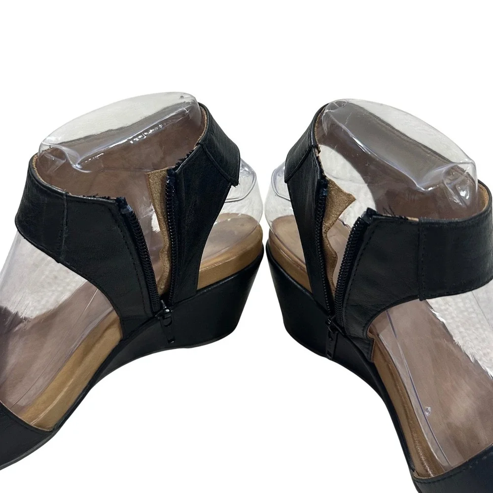 Bueno Black Leather Wedge Sandals Side Zip Made in Turkey Womens 37